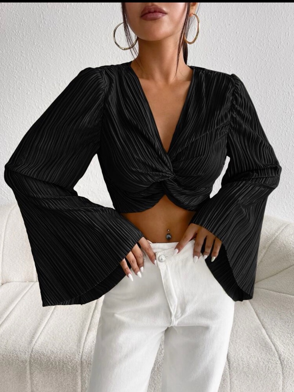 2-piece Black Pleated Twist-Front Women's set - Picture 5 of 7